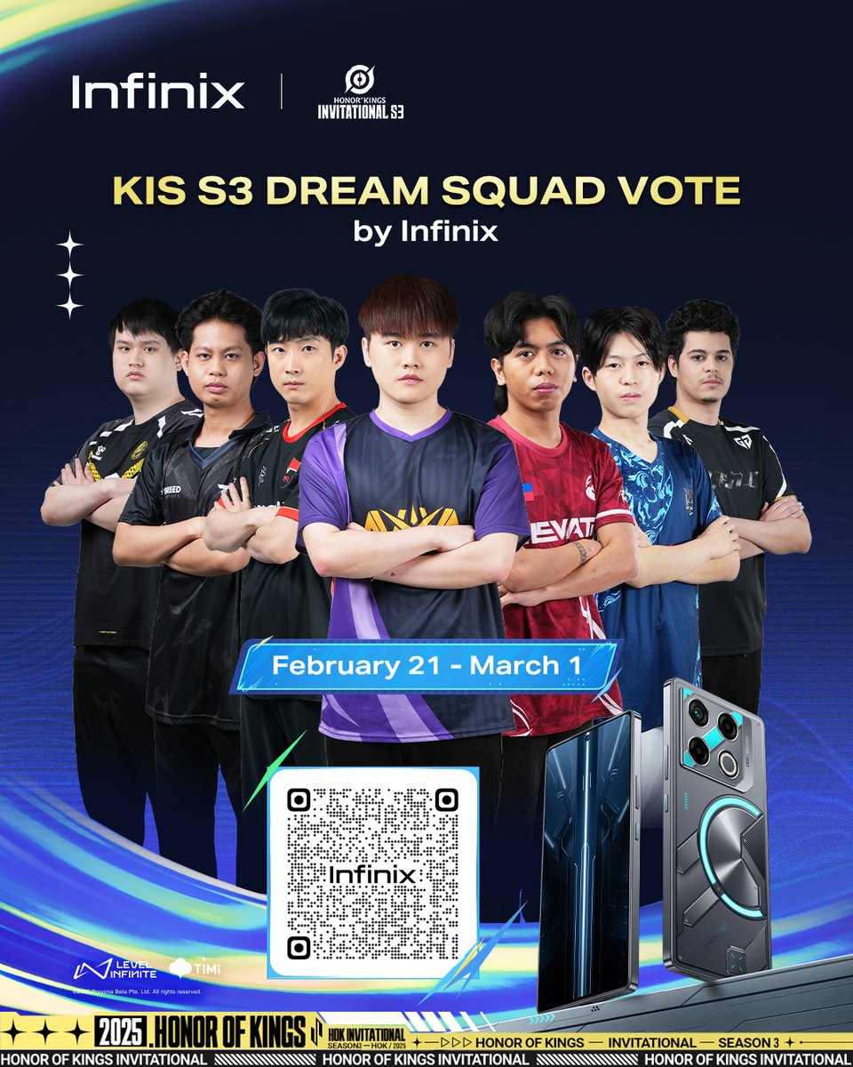 Infinix_Mobile's tweet photo. 🔥 Honor of Kings Invitational S3 Dream Squad Vote by Infinix is LIVE!  Vote for your favorite players and help us choose the top 5 to form the Dream Squad! 

📲 Scan&amp; Vote now:
https://t.co/n8aE20VMni
#GT20Pro #OutPlayTheRest #ChampionByYou #HOKInvitationalS3 #GTVerse #InfinixAI https://t.co/4YvM3Q7stj