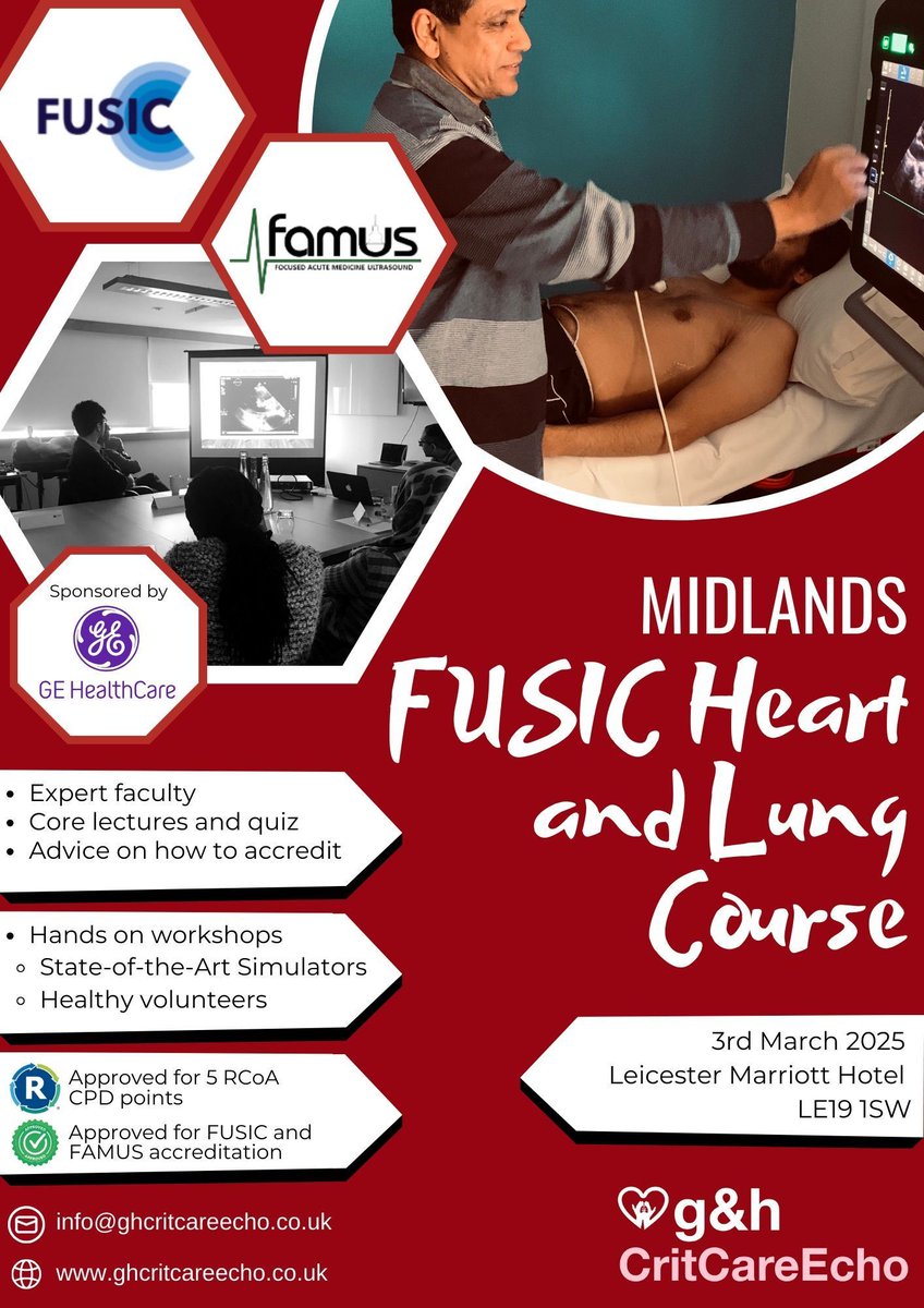 ghcritcareecho's tweet image. 🎯 Why choose our FUSIC course?

🔄 Simulator + live scanning
👥 Expert supervision (1:4 ratio)
🏥 GE Venue systems
🏅 5 RCoA CPD points

3 spaces left for March 3rd 2025

📍 Leicester Marriott

💻📱Register your place: buff.ly/3NeBJUV 

#FUSIC #POCUS #MedEd