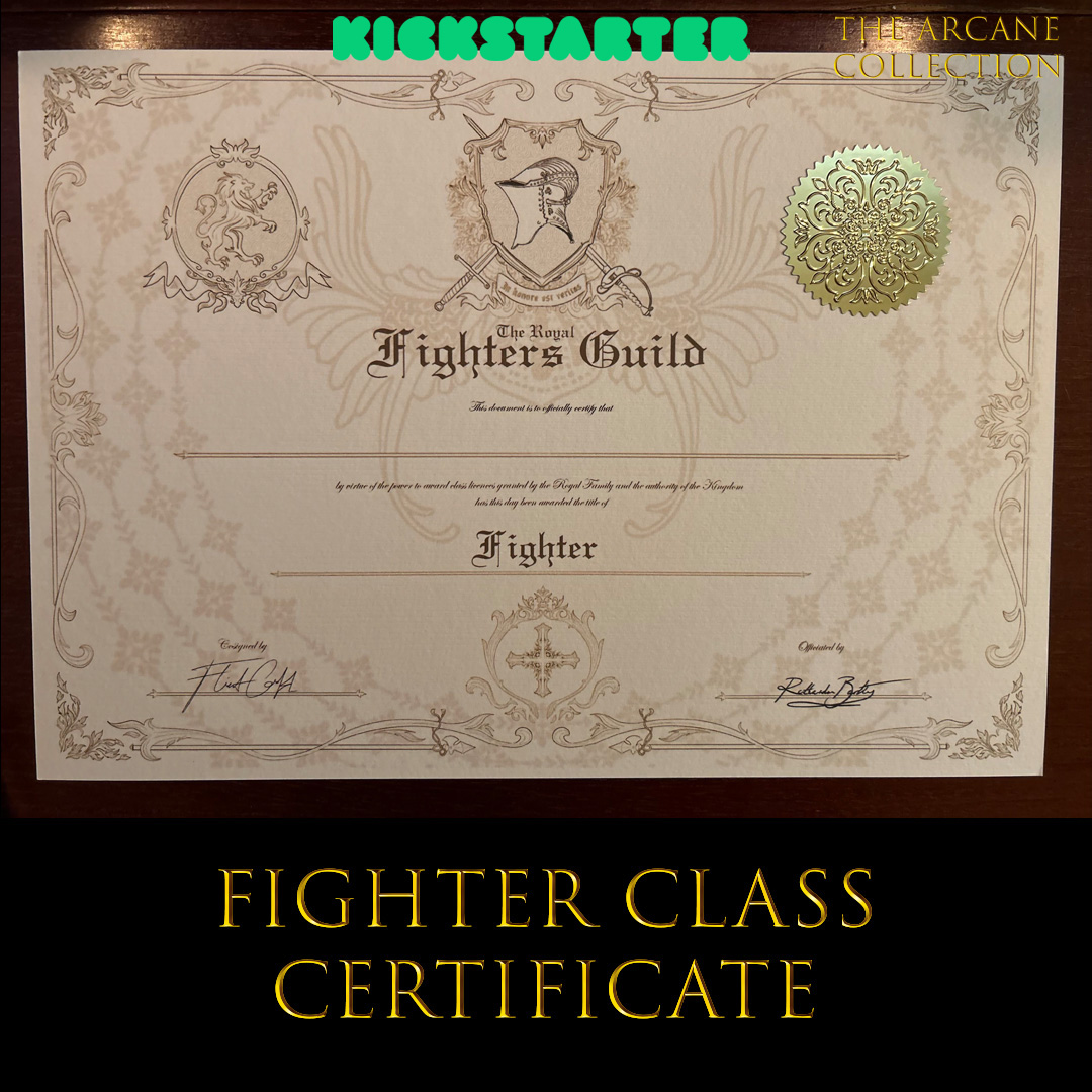 JRRDunlop's tweet photo. For those who master the blade... Fighter Class Certificate, launching March 5th ⚔️

🎭 Something magical is coming! https://t.co/IwkjNAIXBD

#DnDWizard #TabletopRPG #DungeonMaster #RPGCollector #DnDCollectibles #TheArcaneCollection #Certificates #Kickstarter https://t.co/bemcYWsEt3