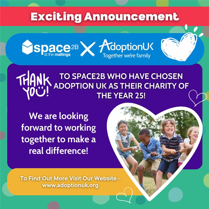 We're excited to announce that Space2B has chosen Adoption UK as their Charity of the Year! Their dedication to a supportive community aligns perfectly with our mission. Stay tuned for fun fundraising events and national challenges coming up. adoptionuk.org/space2b-charit…