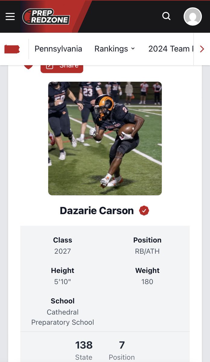 DazarieCarson's tweet photo. Blessed to be ranked #7 RB and #138 in the Class of 2027 @PRZPAvic @ETNreisenweber @PA_TodaySports @footballcoach79 @Mr_Consistent_2 @Coach_Nickson https://t.co/QyEdMCqmvP