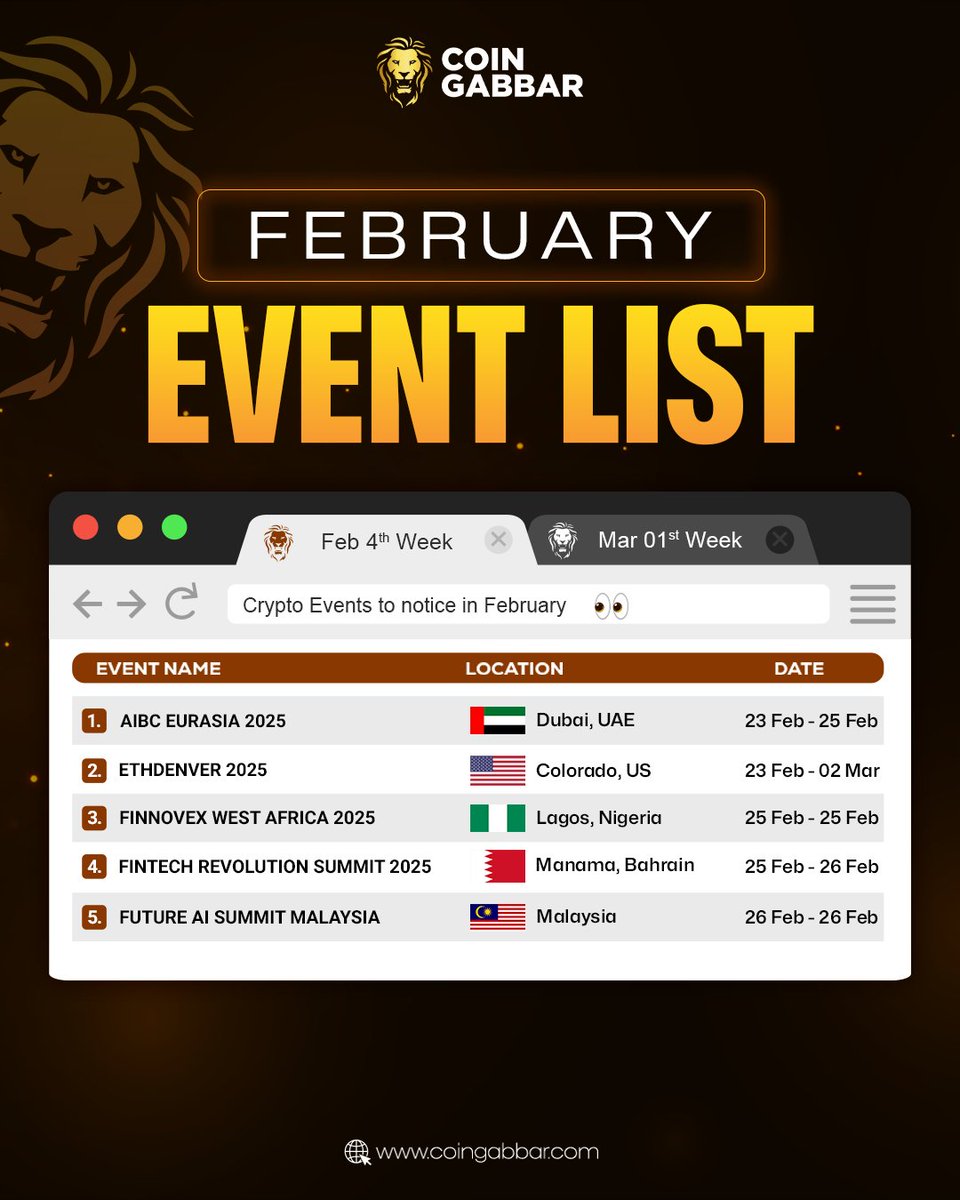 coin_gabbar_'s tweet photo. CryptoEvents To Notice In February
π
Read More Events: https://t.co/5K08p4N0gE
#CryptoEvents #BlockchainSummit #NFTSummit #CryptoConference #Web3Meetup #DeFiTrends #FintechRevolution #BitcoinNews #EthereumUpdate #AIinCrypto #CoinGabbar https://t.co/KpdSHQfWSc
