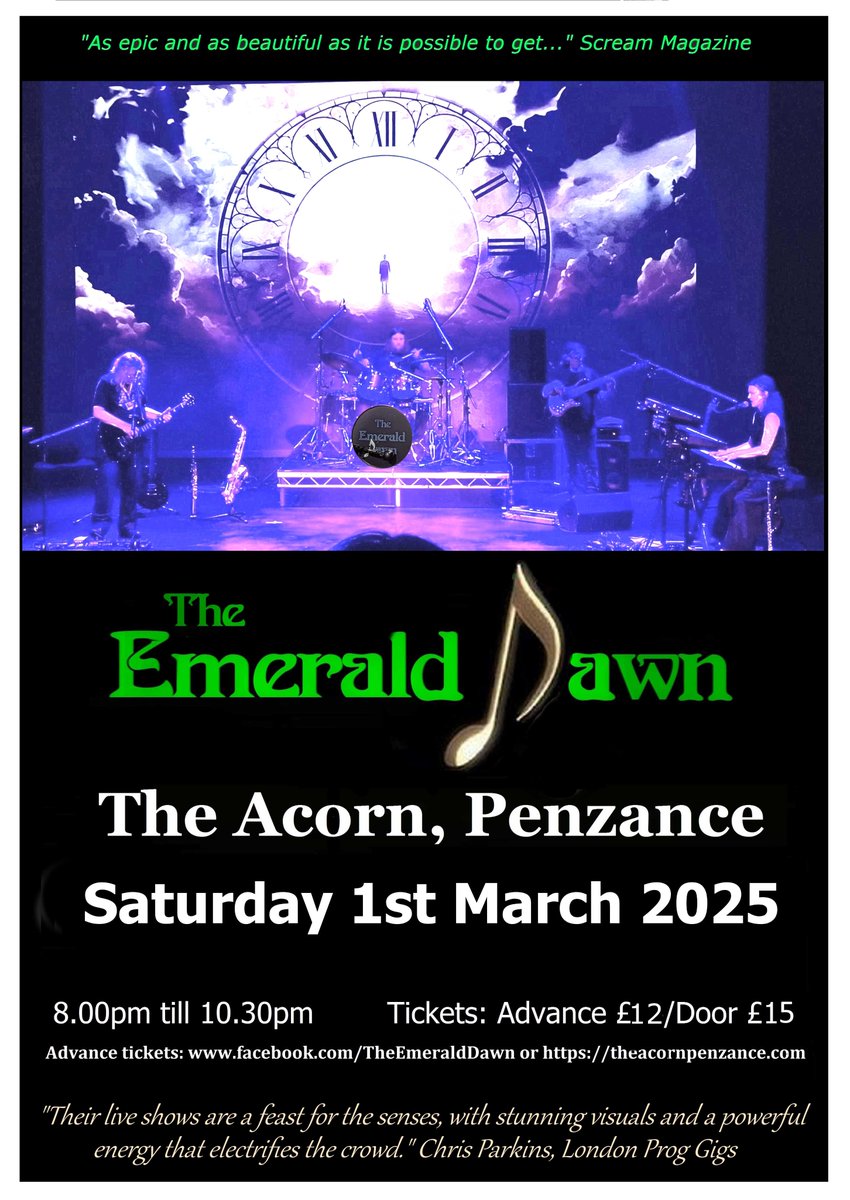 ONE WEEK TODAY
The Emerald Dawn play The Acorn, Penzance
1st March 2025
Tickets: bit.ly/3NX7fXP
Further details: facebook.com/events/1354473…

#Prog #ProgRock  #ProgressiveRock  #Artrock #LiveMusic