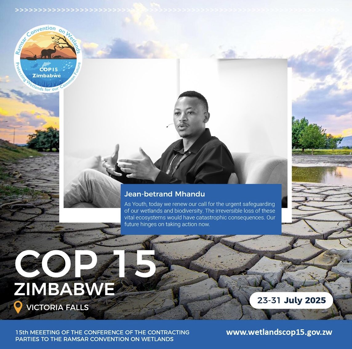 Wetlands COP15 Victoria Falls ZW (@wetlandscop15) on Twitter photo As Zimbabwe marked #NationalYouthDay, Jean Mhandu, National Coordinator of the African Youth Initiative on Climate Change Zimbabwe highlighted the crucial role that youth voices play in recognizing & protecting wetlands.
#WetlandsConservation
#RamsarCOP15
<a href="/InfoMinZW/">Ministry of Information, Publicity & Broadcasting</a> <a href="/MoFA_ZW/">Ministry of Foreign Affairs and Int Trade</a> As Zimbabwe marked #NationalYouthDay, Jean Mhandu, National Coordinator of the African Youth Initiative on Climate Change Zimbabwe highlighted the crucial role that youth voices play in recognizing & protecting wetlands.
#WetlandsConservation
#RamsarCOP15
<a href="/InfoMinZW/">Ministry of Information, Publicity & Broadcasting</a> <a href="/MoFA_ZW/">Ministry of Foreign Affairs and Int Trade</a>