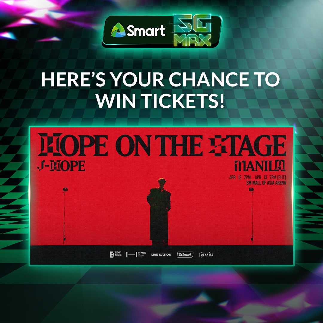LiveSmart's tweet photo. 💚 BTS stans, this one’s for you! 💚 Smart is giving away a chance to get tickets to j-hope Tour  'HOPE ON THE STAGE' in MANILA! 🎟️✨
Smart subscribers, text jhope to 5858 to join the raffle! 📲 
Earn raffle entries when you subscribe to PowerAll and more! 🔥

For full mechanics, visit https://t.co/SsNqZoVHnE.

Don’t miss your chance to see j-hope live! 🔥

 #제이홉 #jhope #jhope_TOUR
#HOPE_ON_THE_STAGE_TOUR_Manila #HOS_TOUR_Manila #Smart_jhope

DTI Fair Trade Number FTEB 215738 Series of 2025