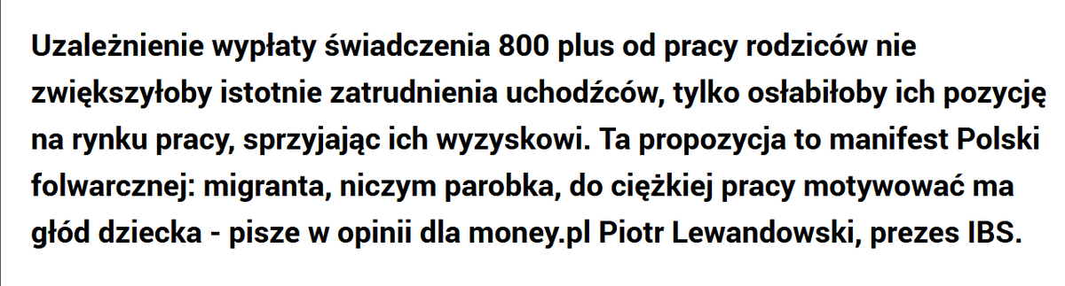 "To manifest Polski folwarcznej, w której migranta, niczym parobka,  do ciężkiej pracy motywować ma głód dziecka."
Opinia <a href="/ptrlewandowski/">Piotr Lewandowski</a> w dyskusji <a href="/Money_pl/">Money.pl</a> o pomyśle odebrania 800 plus niepracującym uchodźcom i uchodźczyniom.
👉 money.pl/gospodarka/ode…