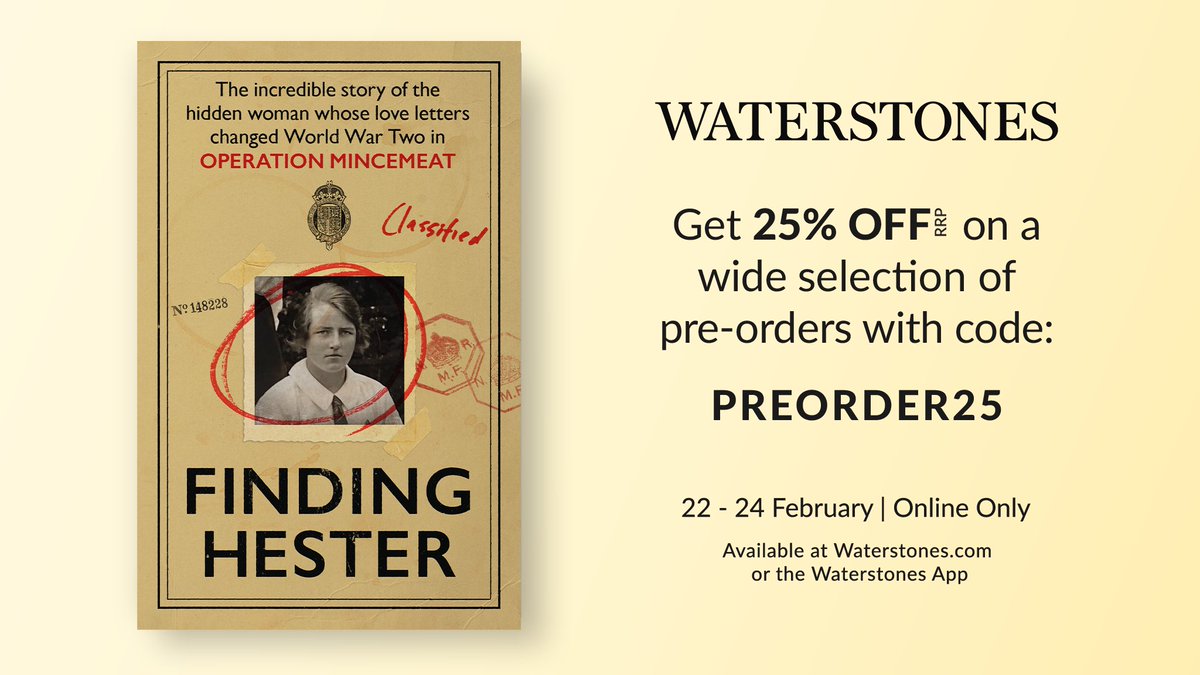 This weekend only! 

Finding Hester is 25% off at Waterstones! 

Enter PREORDER25 on their website. 

One for all the fans of #OperationMincemeat! 

waterstones.com/book/finding-h…

#WPreorder