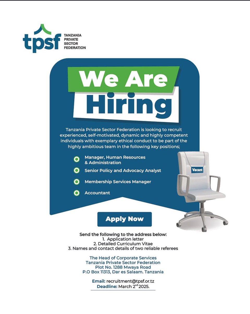 OPPORTUNITIES: 

1. <a href="/CEOrtTZ/">CEOrt Tanzania</a> - Managers Sustainability Training Program 
2. Toyota TZ -  Sales Professionals
3. <a href="/tpsftz/">Tanzania Private Sector Federation (TPSF)</a> - Manager, HR &amp; Administration, Senior Policy &amp; Advocacy Analyst, Membership Services Manager and Accountant
4. <a href="/AxumEarth/">Axum</a> - Project Communications Specialist