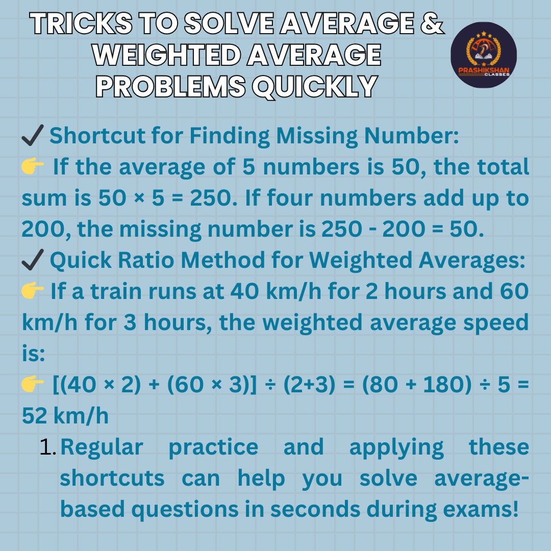 pclasses2025's tweet image. Master Averages & Weighted Averages for Competitive Exams
#Averages #WeightedAverages #MathShortcuts #CompetitiveExams #SSCMaths #BankingExams #RailwayExams #ExamPreparation #MathTricks #StudySmart #SpeedMath #QuantitativeAptitude #ProblemSolving #MathForExams #CalculationTricks