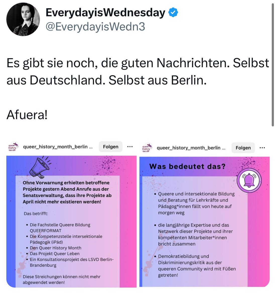 Der Berliner Senat streicht queere Bildungsprojekte und wer jubelt? 🤡Rechte Hetzer, Transhasser, die uns am liebsten aus der Gesellschaft radieren würden. Kein Geld mehr für queere Jugendliche, keine Aufklärung gegen Hass. Das ist kein Sparen, das ist gezielte Sabotage. Heute