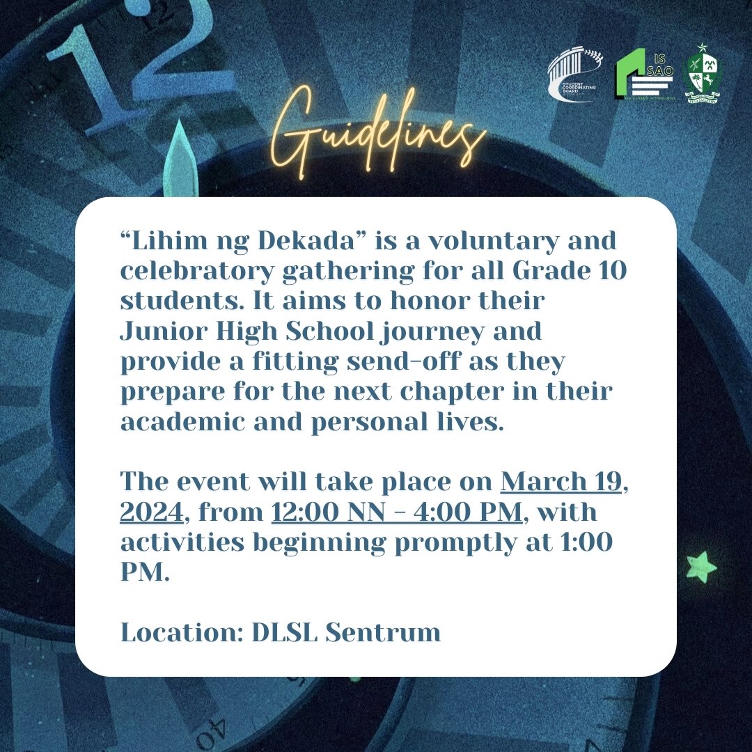 DLSLSCB's tweet photo. Grade 10, THIS. IS. IT! 🎊

No more waiting, no more wondering—this is where your journey comes full circle! Every laugh, every lesson, every unforgettable memory—it all builds up to THIS!
💙✨ Lihim ng Dekada—the story only we can tell. The mark only we can leave.
#LihimNgDekada https://t.co/bCcD61ZeEU