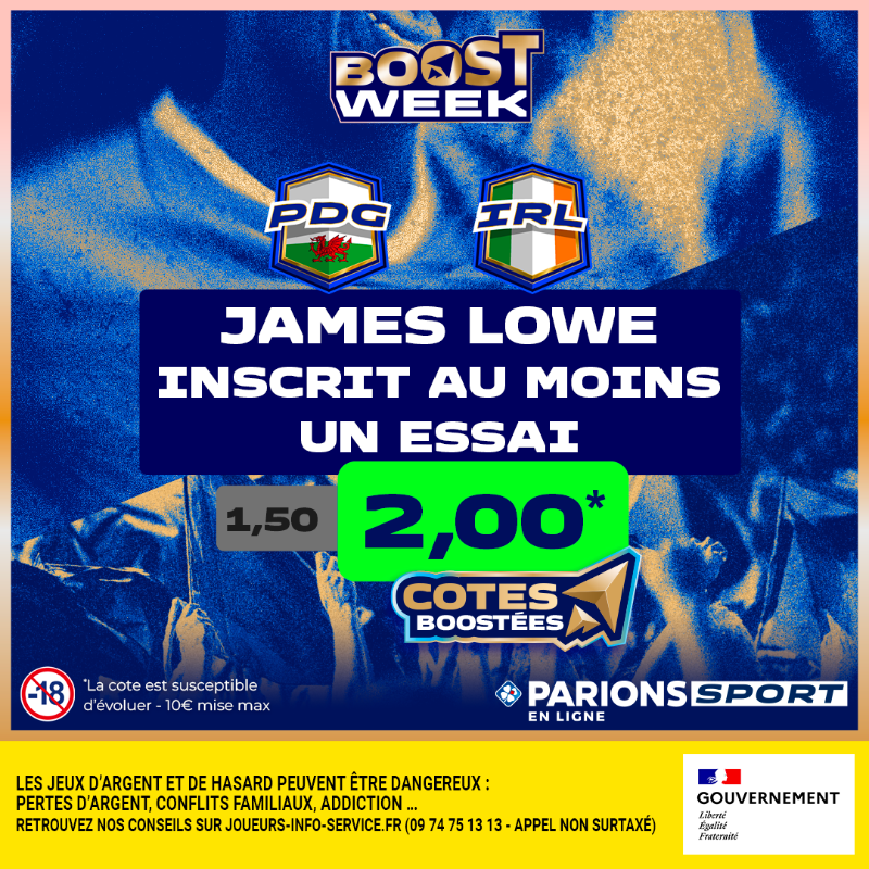 ParionsSport's tweet photo. 🚨 ALERTE #BOOSTWEEK ! 

3e journée des 6 Nations et le Pays de Galles reçoit l'Irlande dans ce match des extrêmes. 
L'occasion pour l'ailier irlandais James Lowe de se régaler ?