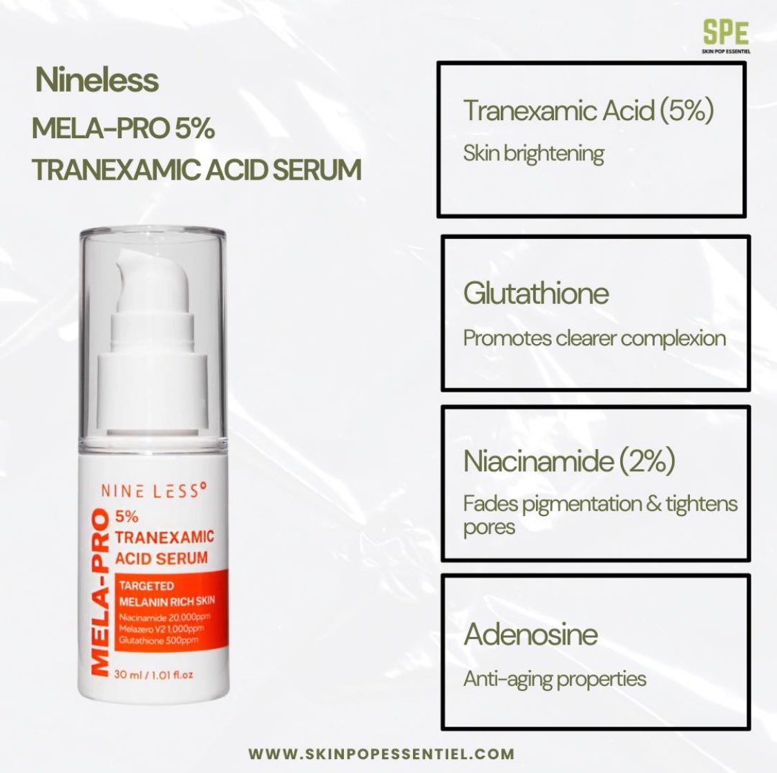 Skinpopessentl's tweet photo. The Nineless Mela-Pro 5% Tranexamic Acid Serum crafted with potent brightening ingredients helps restore glowing, balanced, youthful skin.

https://t.co/nE6I79kLPR https://t.co/Hh2D87MiUm
