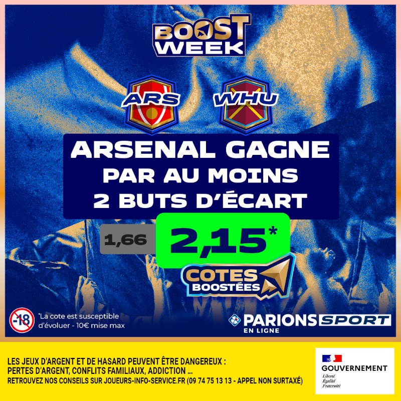 ParionsSport's tweet photo. 🚨 ALERTE #BOOSTWEEK ! 

Avec un match de retard et à 8 points derrière les Reds, les Gunners d'Arsenal n'ont pas le droit à l'erreur s'ils veulent croire au titre. 
Démonstration en vue face à West Ham ? 🔥