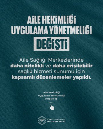 AİLE HEKİMLİĞİ UYGULAMA YÖNETMELİĞİ DEĞİŞTİ

Yeni yönetmelikle Aile Sağlığı Merkezlerinde sunulan sağlık hizmetlerinin daha nitelikli hâle getirilmesine ve Aile Sağlığı Merkezlerinin kurumsal kimliğinin güçlendirilmesine yönelik kapsamlı düzenlemeler yapıldı.