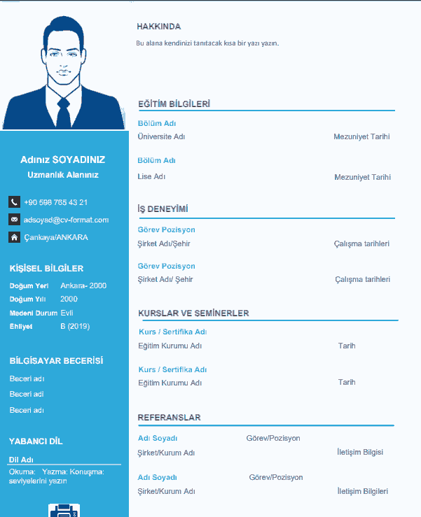 FormatCv's tweet image. CV oluşturmak isteyenler için PDF formatında doldurulabilir Boş CV örneği. İlgili bölümleri doldurarak özgeçmişiniz kolay bir şekilde hazırlayın
cv-format.com/bos-cv-ornekle…
