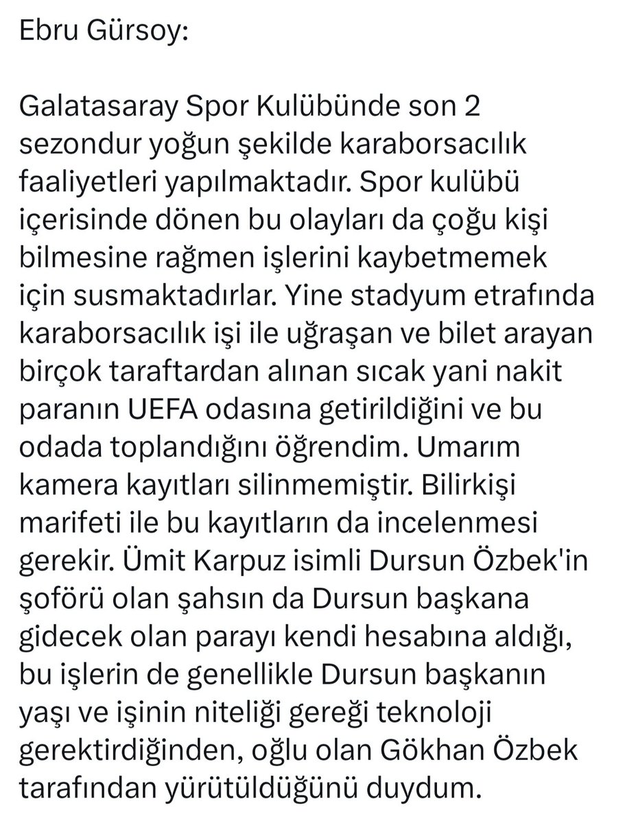 🚨Ebru GÜRSOY : " Galatasaray Spor Kulübündr son 2 sezondur YOĞUN ŞEKİLDE KARABORSA faaliyetleri yapılmaktadır.

<a href="/UEFA/">UEFA</a>