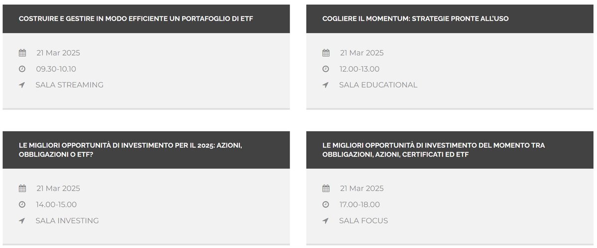 Il 21 marzo ci vediamo a Napoli in occasione di Investing Napoli

Anche quest'anno avrò il piacere e l'onore di essere relatore in 4 seminari:
-Costruire e gestire in modo efficiente un portafoglio di ETF (ore 9.30 sala Streaming)
-Cogliere il momentum: strategie pronte per l'uso
