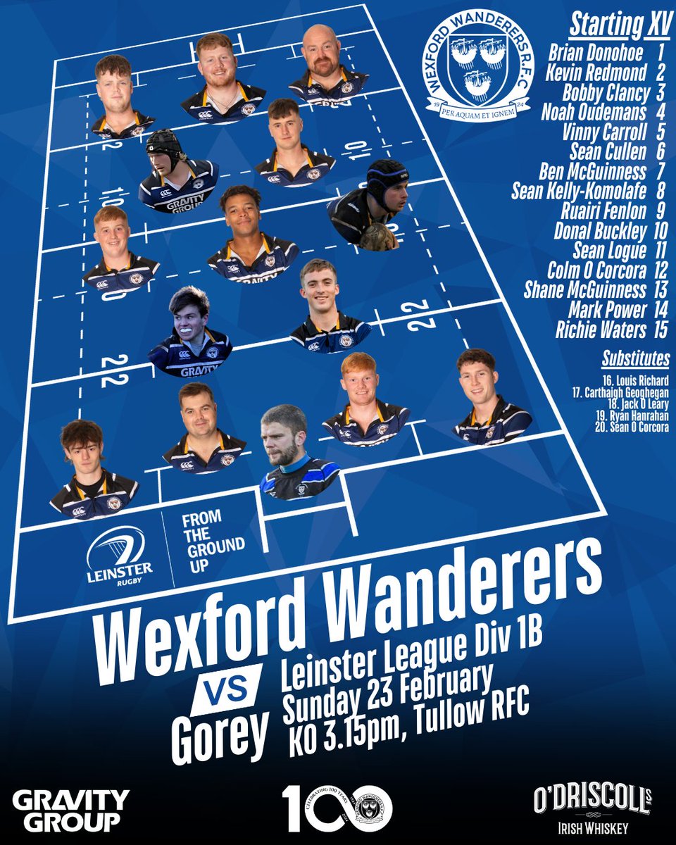 wexfordrugby's tweet photo. Your Starting XV 

Change of Location
The game has been moved to Black Gates, Tullow RFC

🏆 Leinster League Division 1B
🏉 vs @GoreyRFC
🗓️ Sun 23rd Feb
🕗 J2 - 1.30pm
🕗 J1 - 3.15pm
📍 Tullow RFC

#WexfordRugby #Wexford100 #LeinsterRugby #IrishRugby @LeinsterBranch https://t.co/vBzcV736Wd