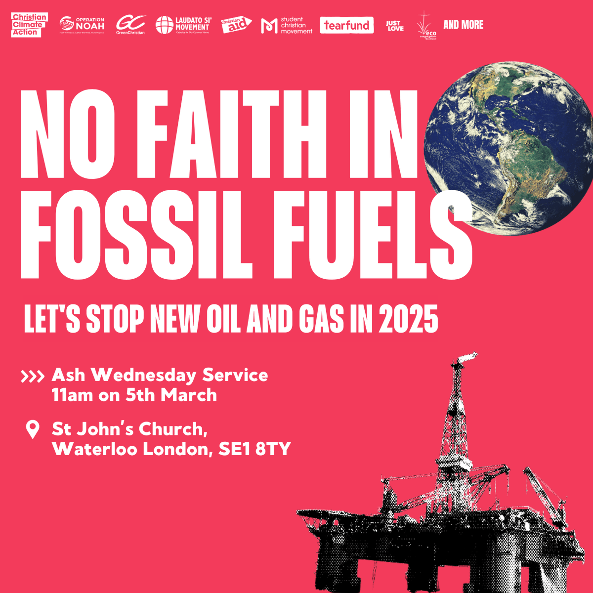 We are joining the 'No Faith in Fossil Fuels' vigil to call on the UK Government to take action to climate justice. 🌎

You might want to head along to the service and vigil if you are based in London. Find out more and get involved here - greenchristian.org.uk/new-oil-and-ga…