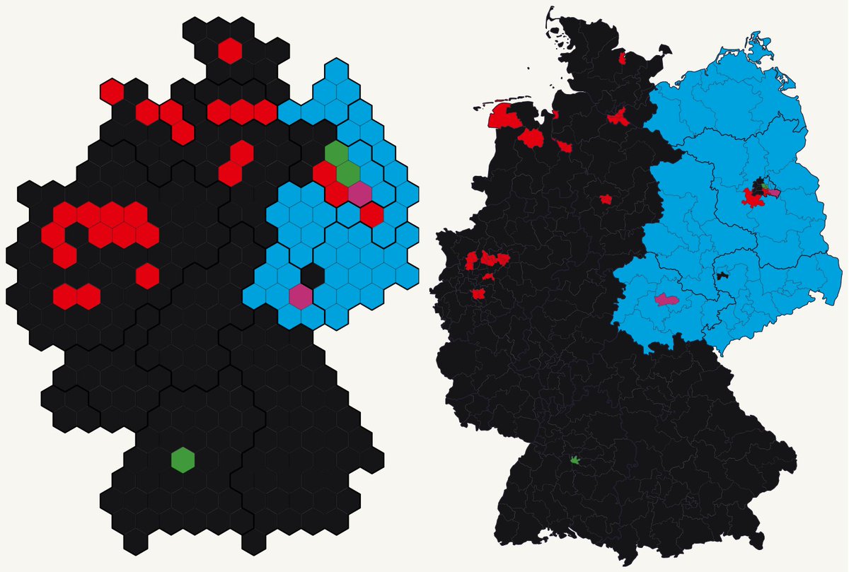 🇩🇪 Německé volby: krátký explainer

English vers.: datajournalism.studio/a/2025-02-21-e…

Každý má 2 hlasy: 1. hlas volí přímo kandidáta ve svém volebním obvodu, těch je 299 (+- ¼ mil. voličů).
2. hlas je pro stranu a určuje, kolik poslanců bude strana mít. Celkem se volí 630 poslanců.

1/8 🧵