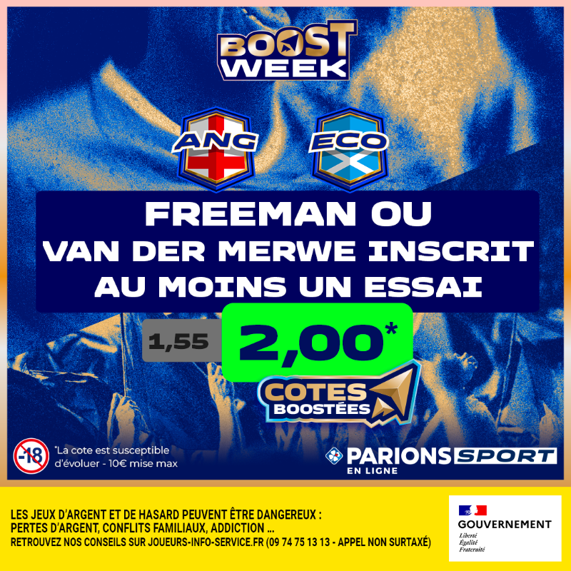 ParionsSport's tweet photo. 🚨 ALERTE #BOOSTWEEK ! 

Après sa victoire face aux Bleus lors de la 2e journée, le XV de la Rose affronte l'Écosse. 
Tommy Freeman et Duhan Van der Merwe vont-ils montrer la voie à leur équipe ? 🚀