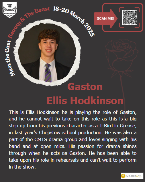 MEET⭐️🥀THE CAST🥀⭐️
Today, we’re shining a spotlight on: Ellis
🎟️Tickets are selling fast, don’t miss your chance to join us for this magical production.  
📅18-20 March 2025
📍Chepstow School
💻Book via 👉buff.ly/42g7dRt