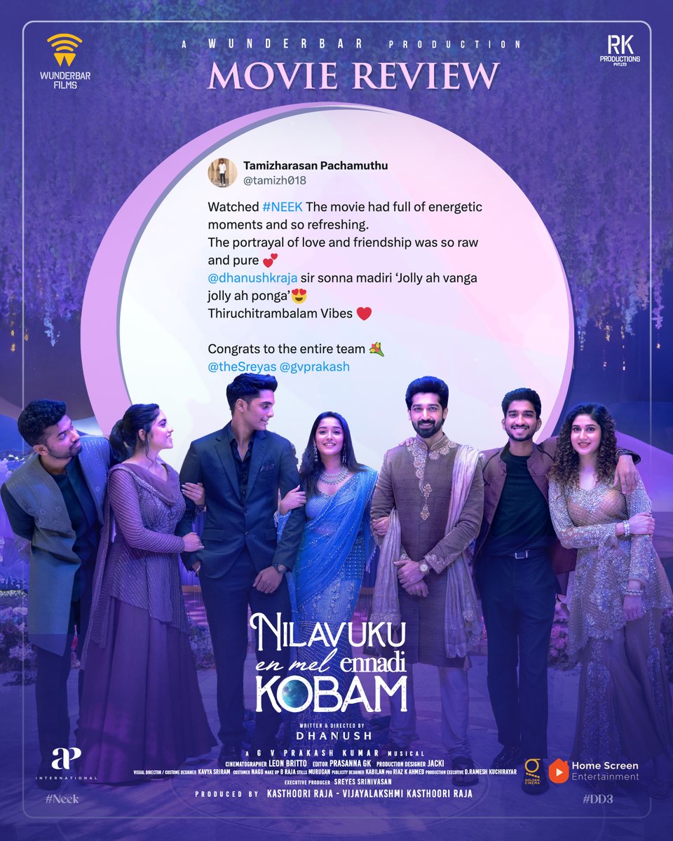 APIfilms's tweet image. A love story that touches hearts! 💖🎬 Audiences are embracing #NEEK with love and emotions! 🔥 Don’t miss it and book your tickets now!

#NEEKInCinemas

#DD3 #NilavukkuEnmelEnnadiKobam #JaabilammaNeekuAnthaKopama 

@dhanushkraja @wunderbarfilms @gvprakash @theSreyas