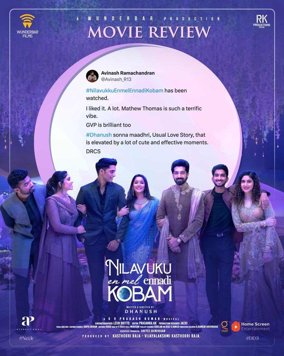 APIfilms's tweet image. A love story that touches hearts! 💖🎬 Audiences are embracing #NEEK with love and emotions! 🔥 Don’t miss it and book your tickets now!

#NEEKInCinemas

#DD3 #NilavukkuEnmelEnnadiKobam #JaabilammaNeekuAnthaKopama 

@dhanushkraja @wunderbarfilms @gvprakash @theSreyas