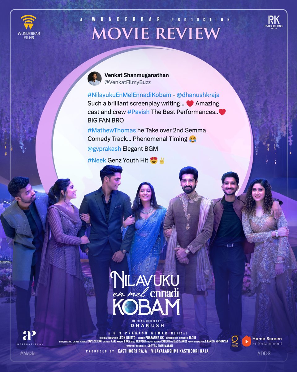 APIfilms's tweet image. A love story that touches hearts! 💖🎬 Audiences are embracing #NEEK with love and emotions! 🔥 Don’t miss it and book your tickets now!

#NEEKInCinemas

#DD3 #NilavukkuEnmelEnnadiKobam #JaabilammaNeekuAnthaKopama 

@dhanushkraja @wunderbarfilms @gvprakash @theSreyas