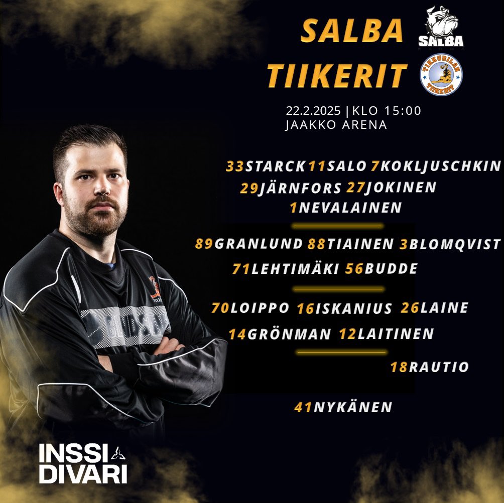 Tiikereiden kokoonpano päivän otteluun!
#tiikerisydän #salibandy #inssidivari #vantaa