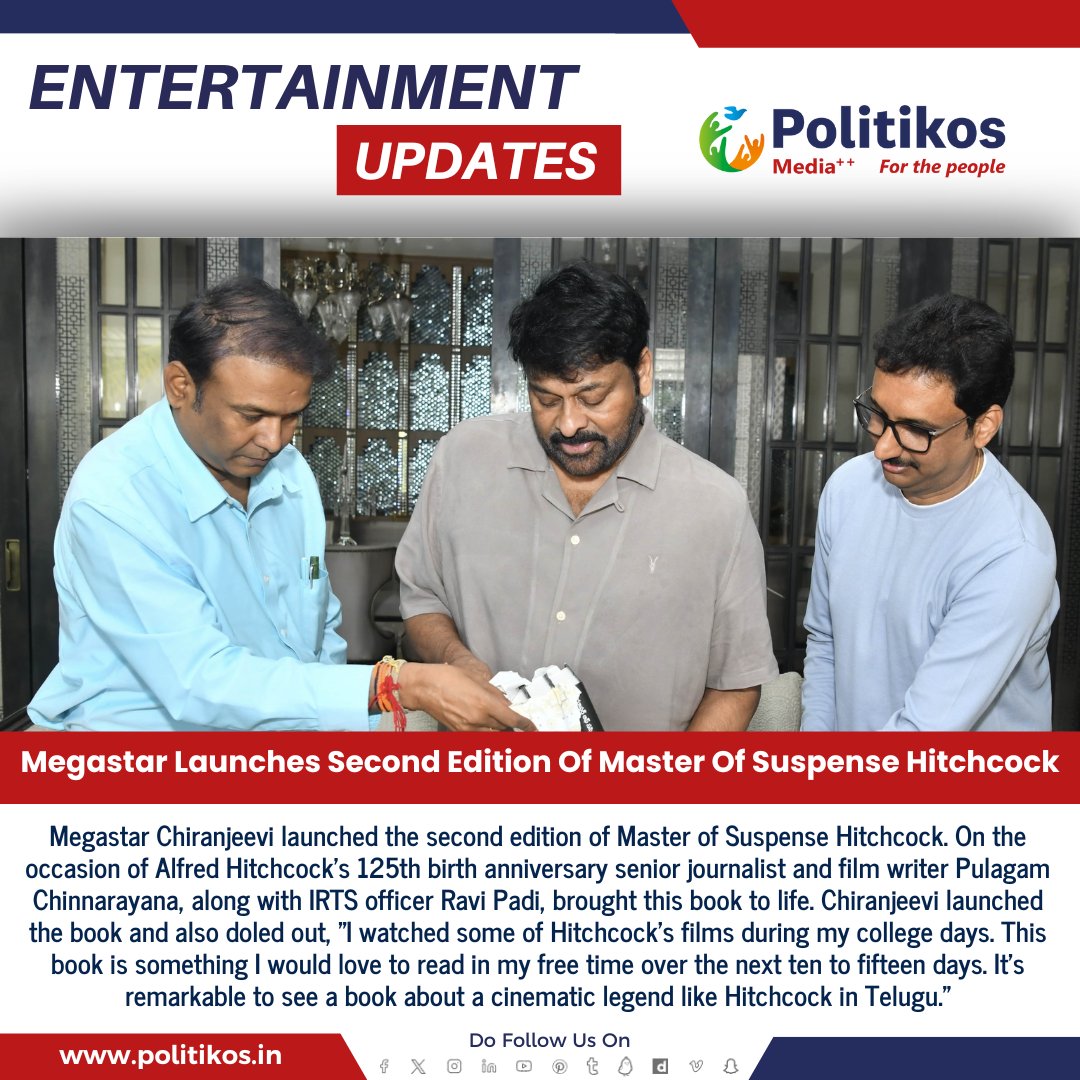 Politikos_ET's tweet photo. Megastar Launches Second Edition Of Master Of Suspense Hitchcock #politikosvinodam
#Chiranjeevi #MasterOfSuspenseHitchcock #Hitchcock
#BookLaunch
#MegastarChiranjeevi #TeluguCinema
#FilmLiterature https://t.co/xoQq1LzQwH