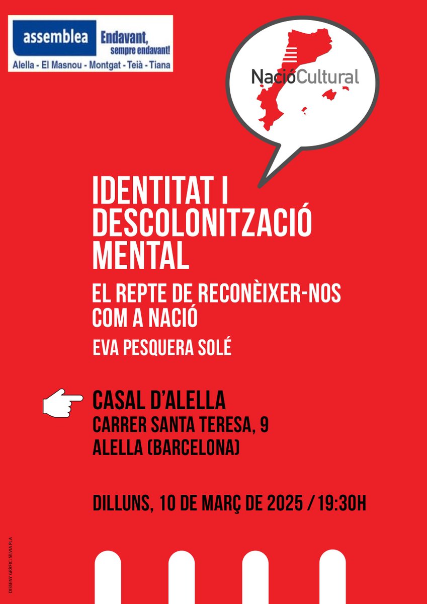 El pròxim dia 10 de març a les 19.30h tenim una interessant xerrada amb Eva Pesquera al Casal d'Alella. Parlarà de com desconnectar-nos dels prejudicis que tenim a l'hora de defensar el català i de com s'hauria de definir la identitat dels catalans com a nació segons laseva visió