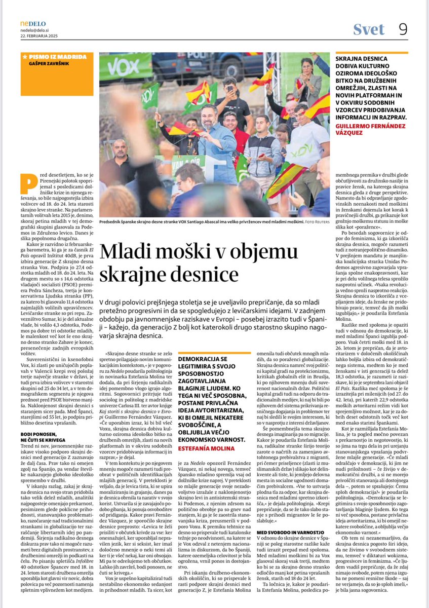 Me entrevistaron en el diario más importante de Eslovenia 🇸🇮 el <a href="/Delo/">Delo</a> a raíz de mis artículos en EL PAÍS analizando el auge de la ultraderecha entre los jóvenes.

Gracias a <a href="/GZavrsnik/">Gasper Zavrsnik</a> por su reportaje. Hay muchos aprendizajes que podemos compartir entre países europeos.