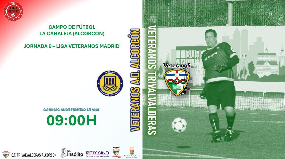 #LigaVeteranos Domingo de #derbi alcorconero! Nos enfrentamos a nuestros “eneAmigos” 😉. Se viene partido vibrante!!

#VamosTrival 💚❤️💪🏻

📆23/02/25
⏰09:00h
🆚<a href="/ADVADALCORCON/">Veteranos ADAlcorcón</a> 
🏟️La Canaleja

<a href="/trivalvalderas/">C.F TrivalValderas Alcorcón</a> <a href="/AlcorconDeporte/">Concejalía de Deportes de Alcorcón</a> #TheInsolitoBar #Remaind <a href="/kioskotrivalva1/">kioskotrivalvalderas</a>