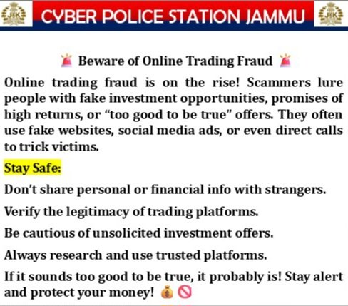 Be aware and stay safe.
<a href="/JmuKmrPolice/">J&K Police</a>
<a href="/ZPHQJammu/">Zonal Police Media Centre Jammu</a> 
<a href="/kameshwarpuri/">K Puri</a> 
<a href="/JAMMULINKS/">JAMMU LINKS NEWS</a>