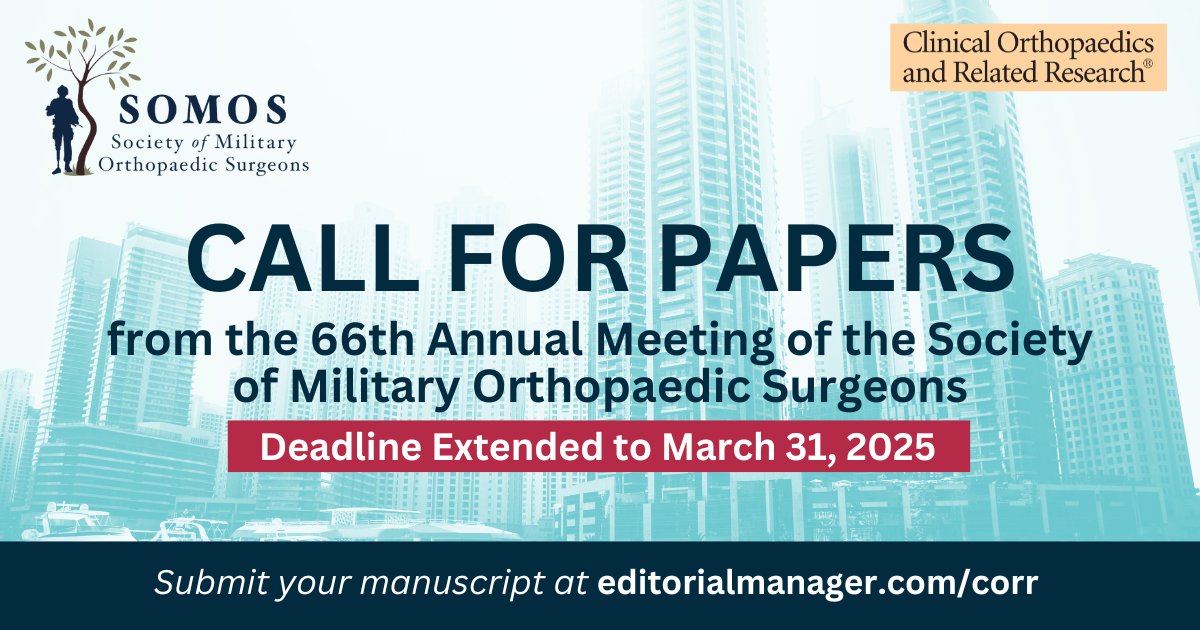 CORR (@clinorthop) on Twitter photo Great news! Did you miss the deadline for the Society of Military Orthopaedic Surgeons' (SOMOS) next selected proceedings in #CORR? It has been extended to March 31, 2025. Submit your manuscript for consideration now at editorialmanager.com/corr <a href="/daniel_stinner/">Daniel Stinner, MD, PhD</a> Great news! Did you miss the deadline for the Society of Military Orthopaedic Surgeons' (SOMOS) next selected proceedings in #CORR? It has been extended to March 31, 2025. Submit your manuscript for consideration now at editorialmanager.com/corr <a href="/daniel_stinner/">Daniel Stinner, MD, PhD</a>