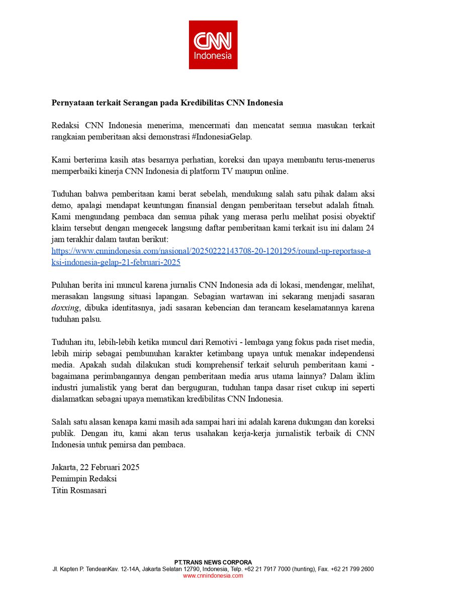 CNNIndonesia's tweet image. Pernyataan terkait Serangan pada Kredibilitas CNN Indonesia