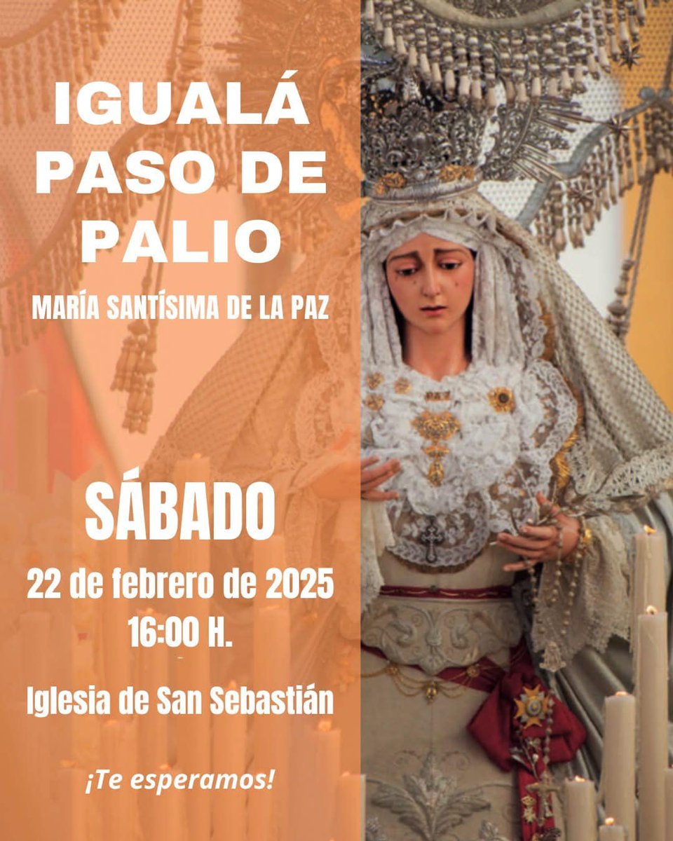 COSTALEROS | Igualá Paso de María Santísima de La Paz.

Hoy sábado (22 de febrero), a las 16:00, tendrá lugar la igualá de la cuadrilla de costaleros del paso de palio de Nuestra Madre, María Santísima de la Paz.

Capataz: N.H.D. Rafael Santos Velasco