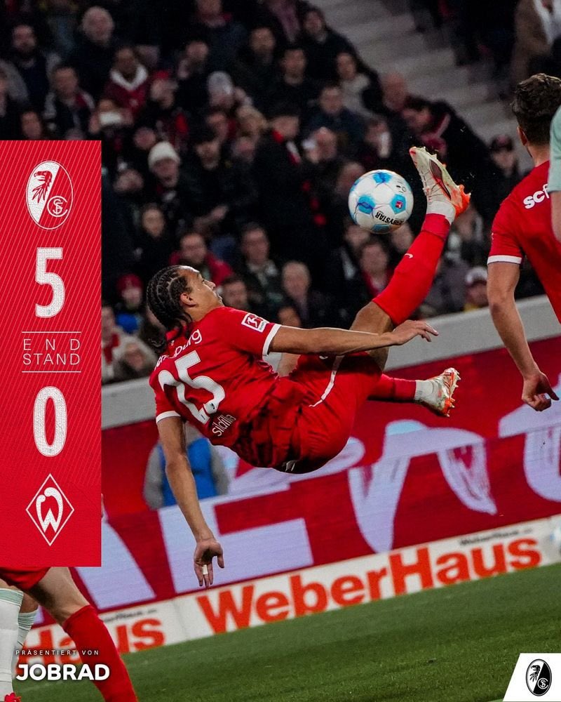 unserfussball's tweet image. ✨Le Match de la Rédac’ : SC Freiburg 🆚 Werder Bremen #SCFSVW 

On avait le choix mais ce match un vendredi soir, le retourné acrobatique de Sildilla et les doublés de Grifo et Doan.

On a tout simplement kiffé ✨
