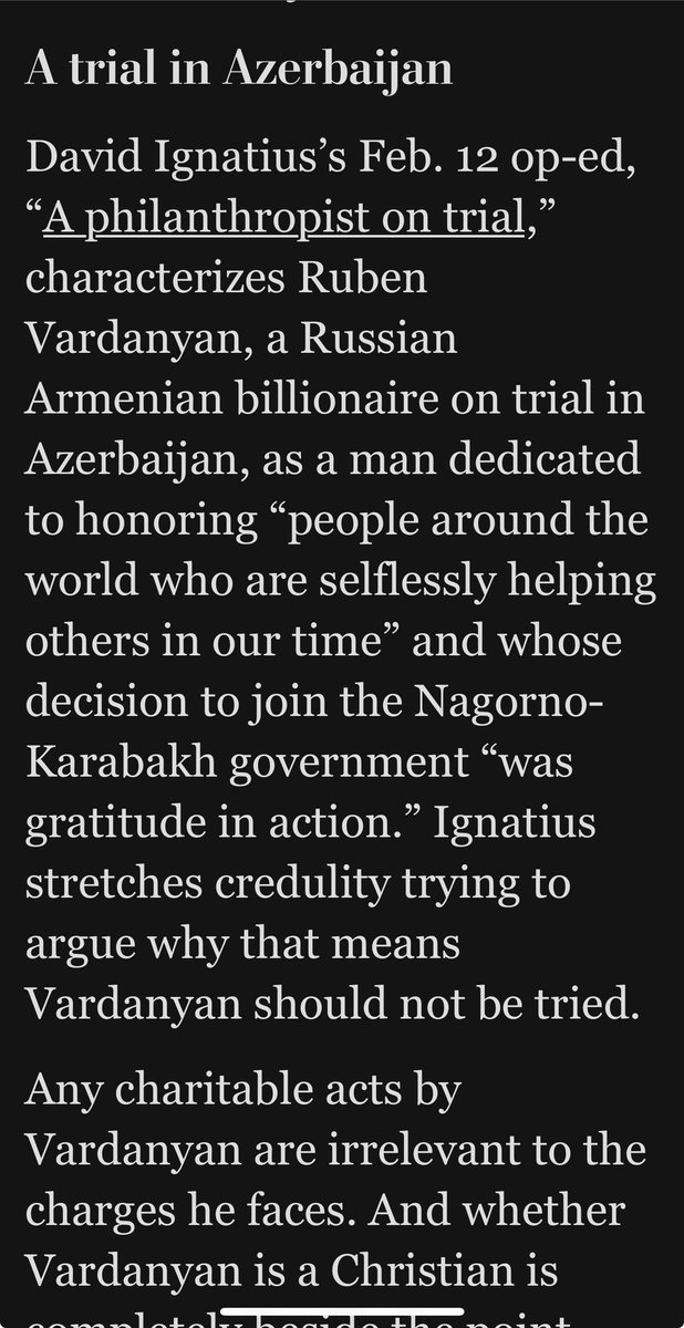 HikmetHajiyev's tweet image. “A trial in Azerbaijan”
My response letter published in Washington Post with regard to
David Ignatius’s Feb. 12 op-ed “a philanthropist on trial” on Ruben Vardanyan
“A philanthropist on trial,” characterizes Ruben Vardanyan, a Russian Armenian billionaire on trial in…
