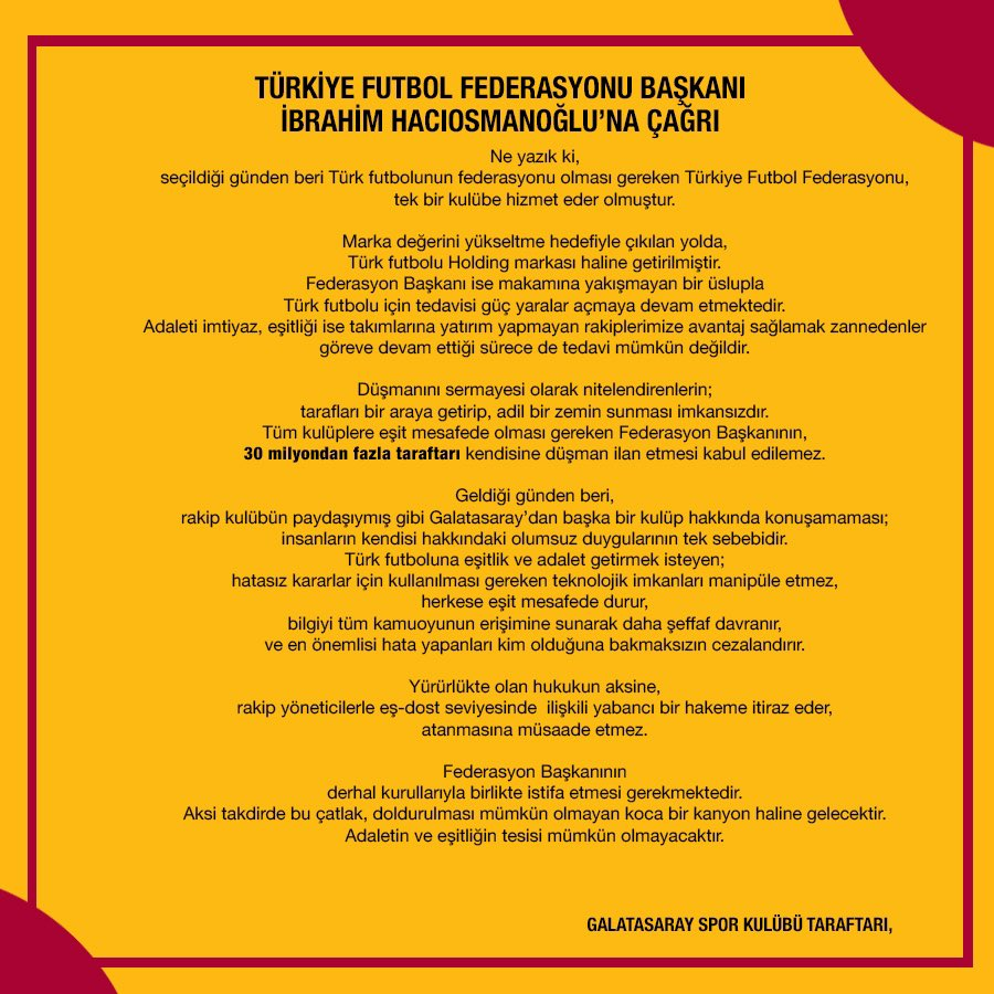 PesindeyizApp's tweet photo. Galatasaray taraftarı olarak bizlerde #AdaletToplumsalNamustur diyerek katılım sağlayalım.  

TFF Başkanı İbrahim Hacıosmanoğlu derhal istifa etmelidir. https://t.co/RHbC5TRyQH