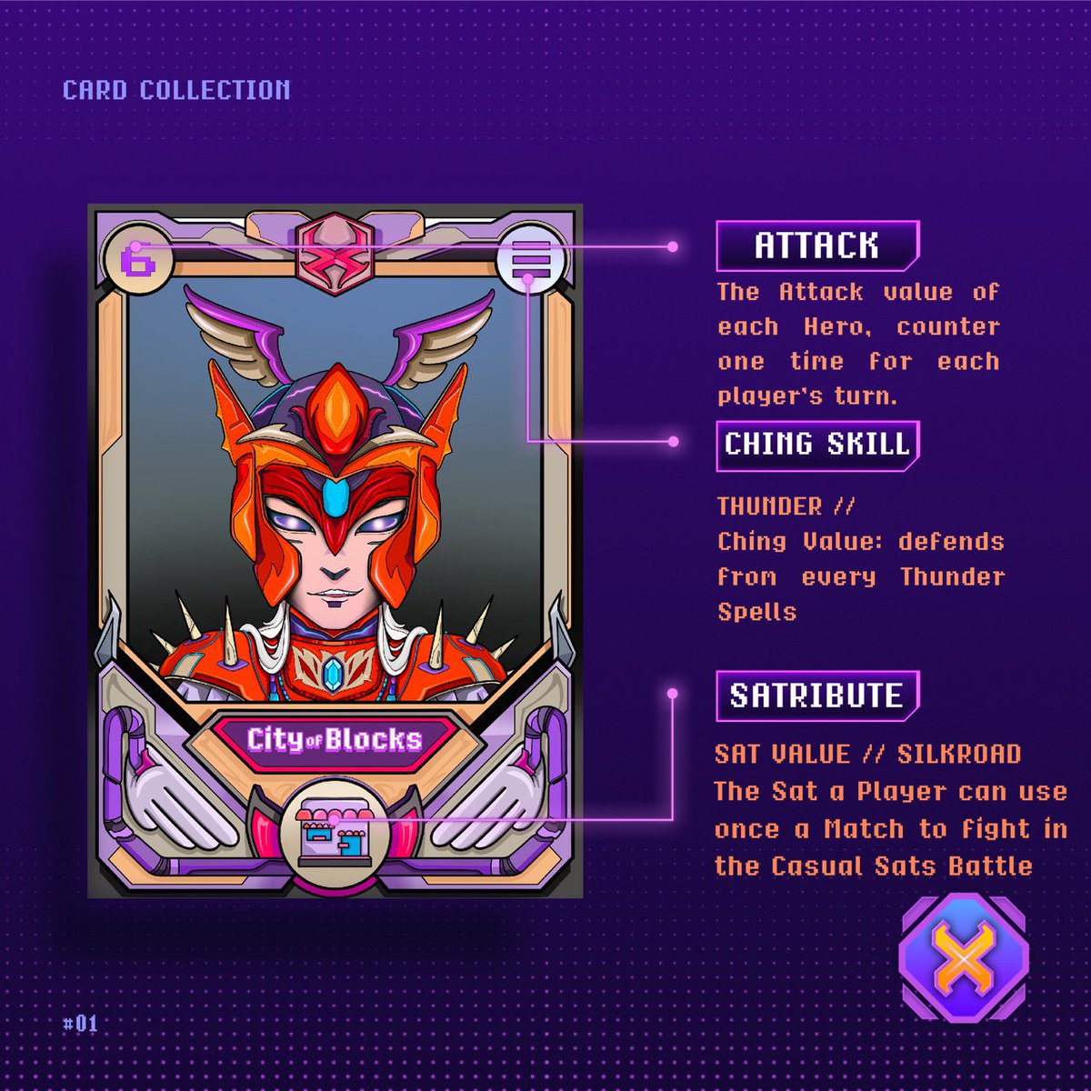Attack + Ching Skills + Satributes = City of Blocks

Every single PFP in the city is made of a back, each one filled with 3 main features.

Attack stands for how strong will your character be whilst playing in game. The stronger your character, the more chances you’ll have to win