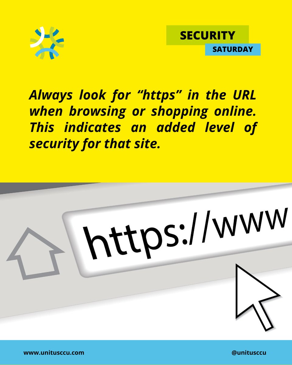 👀 #SecuritySaturday Tip: Always look for “https” in the URL when browsing or shopping online. This indicates an added level of security for that site. 

For more #FraudPrevention tips, visit bit.ly/412LXj3.  #YouUsUnitus