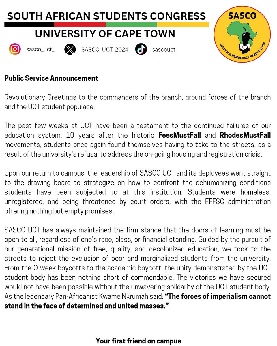 SASCO_UCT_2024's tweet photo. ๐จSASCO UCT's organisational report on UCT's state of affairs.๐จ
#SASCO #uct #uctprotest #FeesMustFall #rtlcampaign https://t.co/Mq2Bnz4d7w