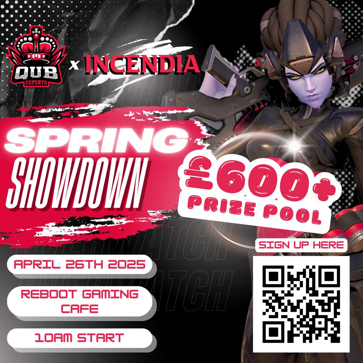 QUB Overwatch Spring showdown!
Queens university's esports society is running a overwatch tournament on the 26th of April
Current prize pool is £600 it is expected to increase as more sponsors and teams join
Tournament is open to everyone and is being hosted in QUB's Reboot cafe!