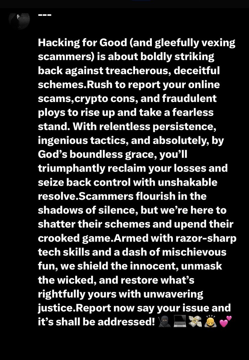 amyhackerr0's tweet image. Summit all hacking requests.
Don&apos;t hesitate to reach out for assistance.
#Hacked #elsed #bist100 #NFT #commaex #nicheswap #wofbee #ftkieo