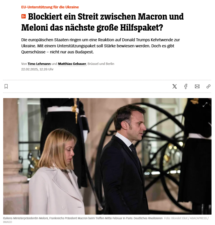 France &amp; Italy are slowing down a €20B aid package for Ukraine, citing budget constraints &amp; diplomatic concerns. The package includes 1.5M rounds, air defense support &amp; troop training, but faces resistance from Hungary, Slovakia &amp; now key EU players.

spiegel.de/politik/deutsc…