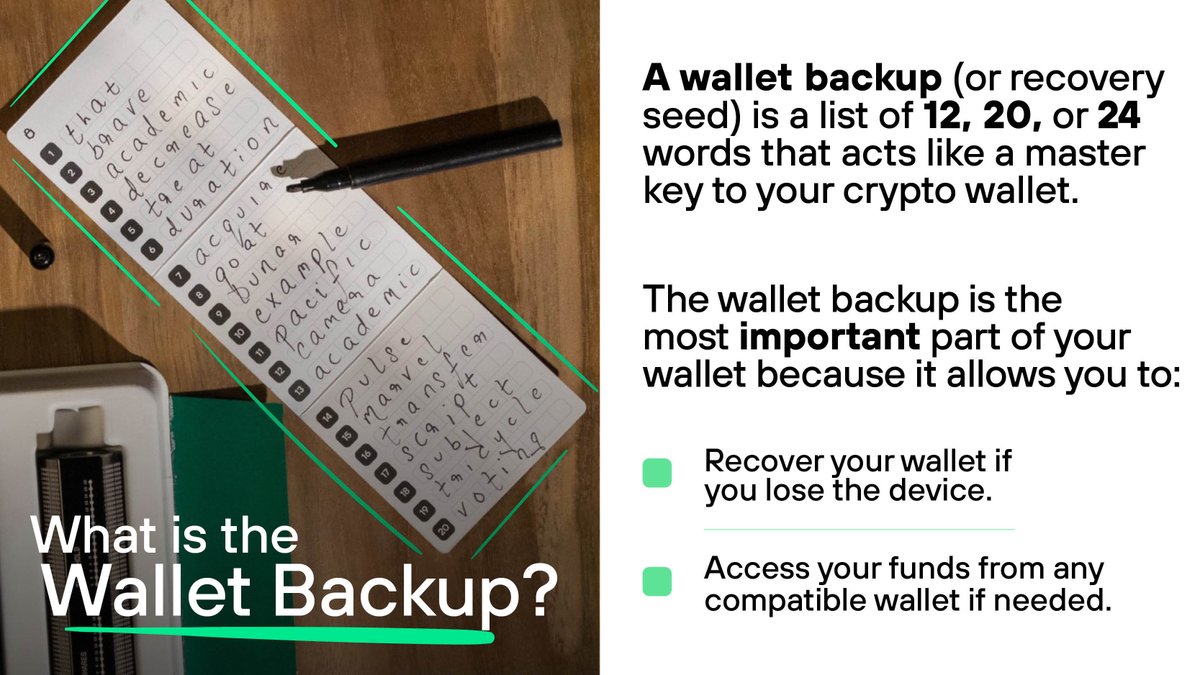 The wallet backup is like a secret password for your wallet.

🔐 Write it down in order.
🔐 Keep it safe &amp; private.
🔐 Never store it online or share it with anyone.