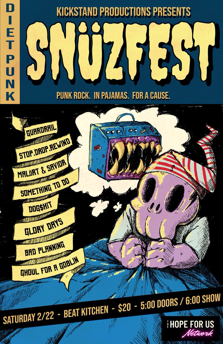Playing Snüzfest tonight at <a href="/beatkitchenbar/">Beat Kitchen</a> with a whole bunch of cool bands for the <a href="/HopeForUsNet/">Hope For Us Network</a>. We start the show at 6pm sharp. See ya there , ghouls. 🫶🏻